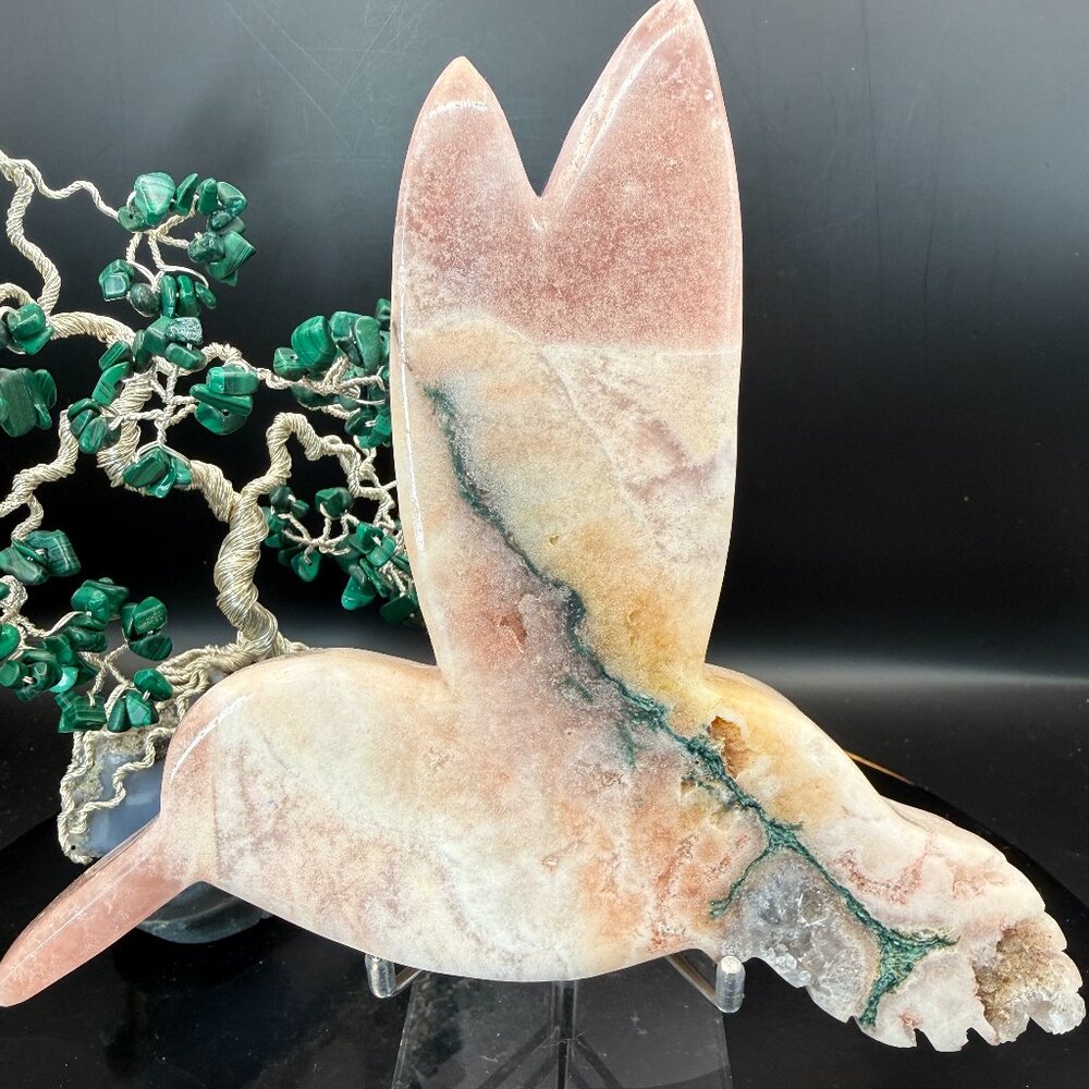 Pink Amethyst and Green Jasper Hummingbird Crystal Carving Brazil  5.77" Tall